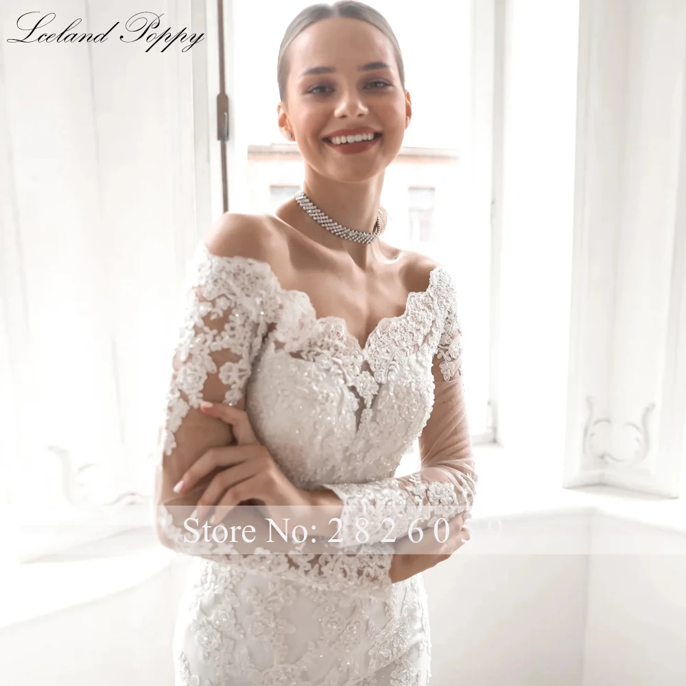 Lceland Poppy Abiti da sposa personalizzati in pizzo a sirena con scollo a barca Applicazioni di perline Abiti da sposa a maniche lunghe con strascico staccabile