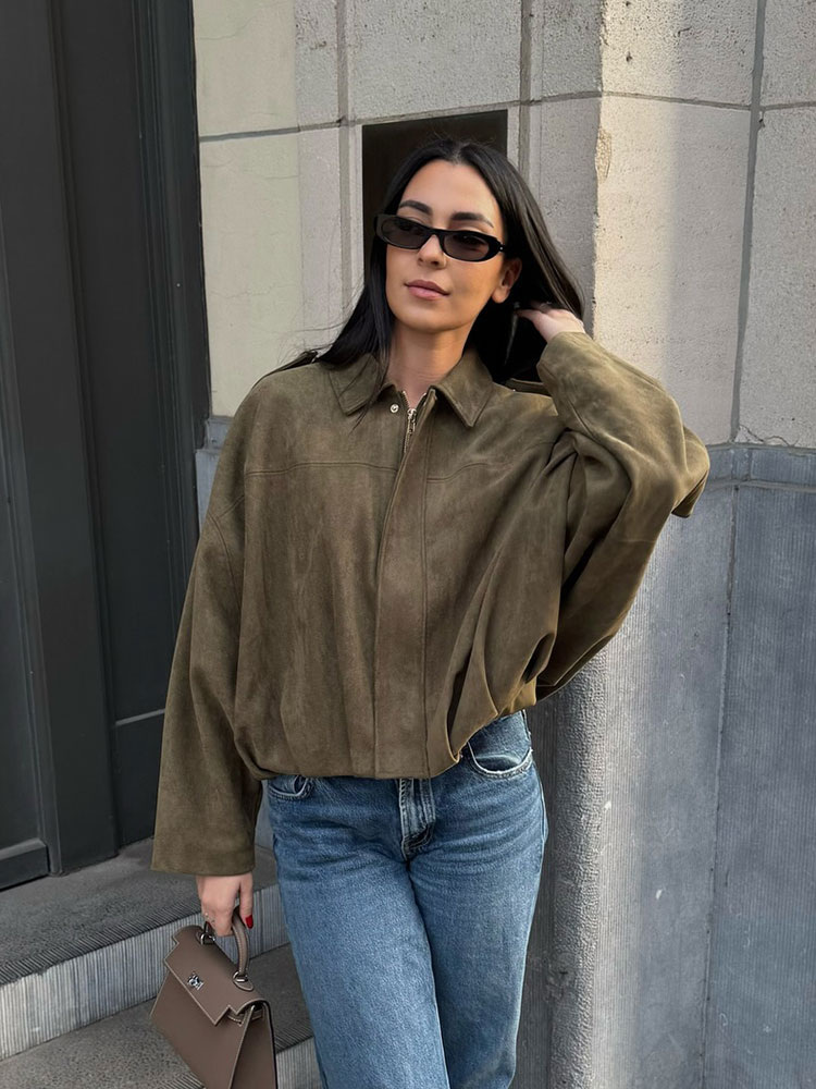 HH-abrigos holgados lisos con textura de gamuza para mujer, moda urbana, informales, mangas largas de murciélago, solapa, cremallera, chaquetas Vintage de invierno