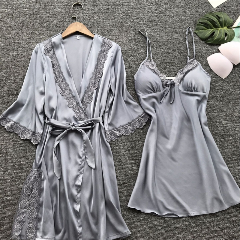 2 pçs leepwear feminino pijamas conjunto de cetim casa pyjamamas renda robe sono terno com decote em v casamento pijamas usar nighty & robe