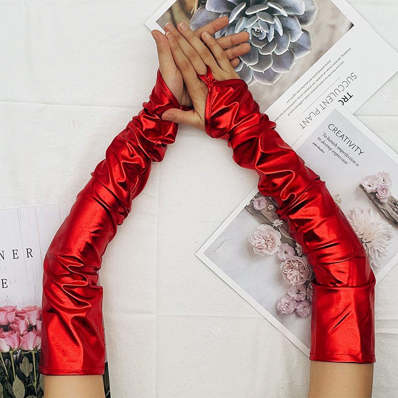 Halloween Lacquer Leather Hook Finger Long Gloves Cosplay Nightclub Stage Performance Pole Dance Sexy Women Fingerless Mittens