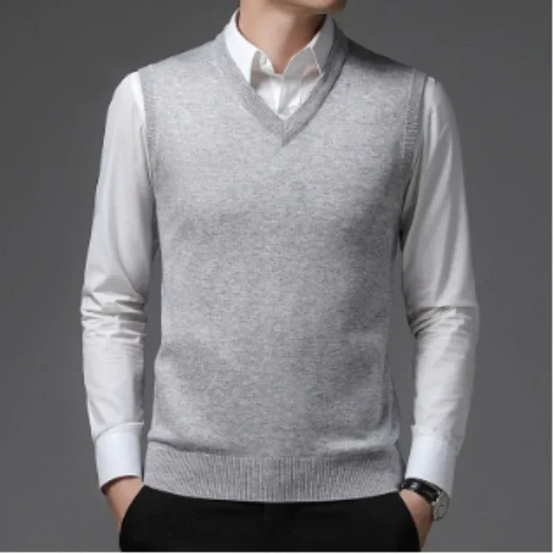 2025ผู้ชายใหม่ฤดูใบไม้ร่วงHigh-Endเสื้อกันหนาวVคอถักแขนกุดMensเสื้อผ้าPullover Tops