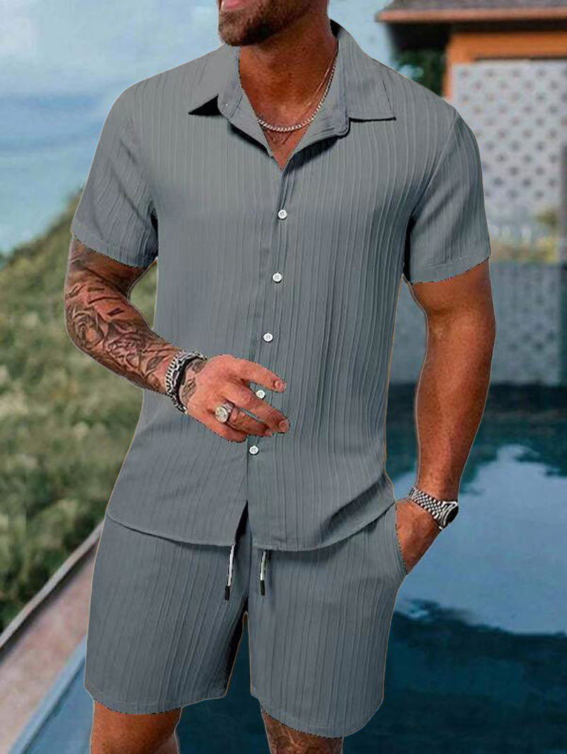 Traje de playa para hombre, pantalones cortos de manga corta de color sólido a rayas, camisa deportiva informal, transpirable, ligero, ropa de hombre de alta calidad ins