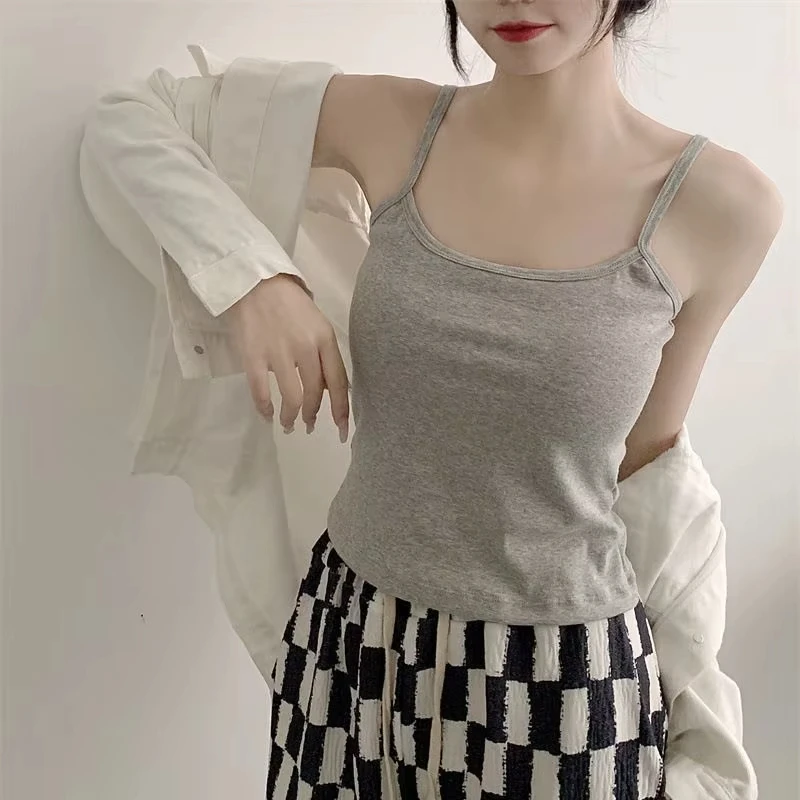 Camisola ajustada sin mangas con tirantes finos de Color liso para mujer con almohadilla en el pecho, ropa de verano de algodón, Tops cortos exteriores para mujer, chalecos