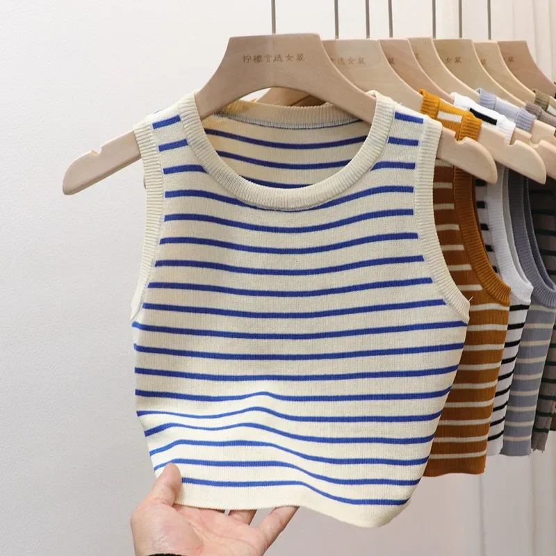 ฤดูร้อนฤดูใบไม้ผลิลายเสื้อผู้หญิงแขนกุดถักเสื้อยืด Crop Tops หญิง Elastic Slim Casual เสื้อ Camis