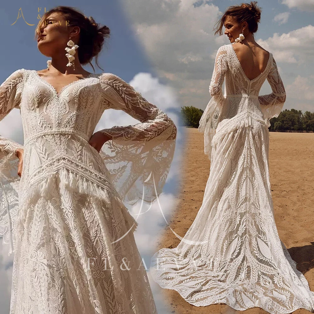 Fl & avve chique civil boêmio vestido de casamento de renda com manga longa personalizado hippie crochê vestido de noiva gatsby elvish vestido robe