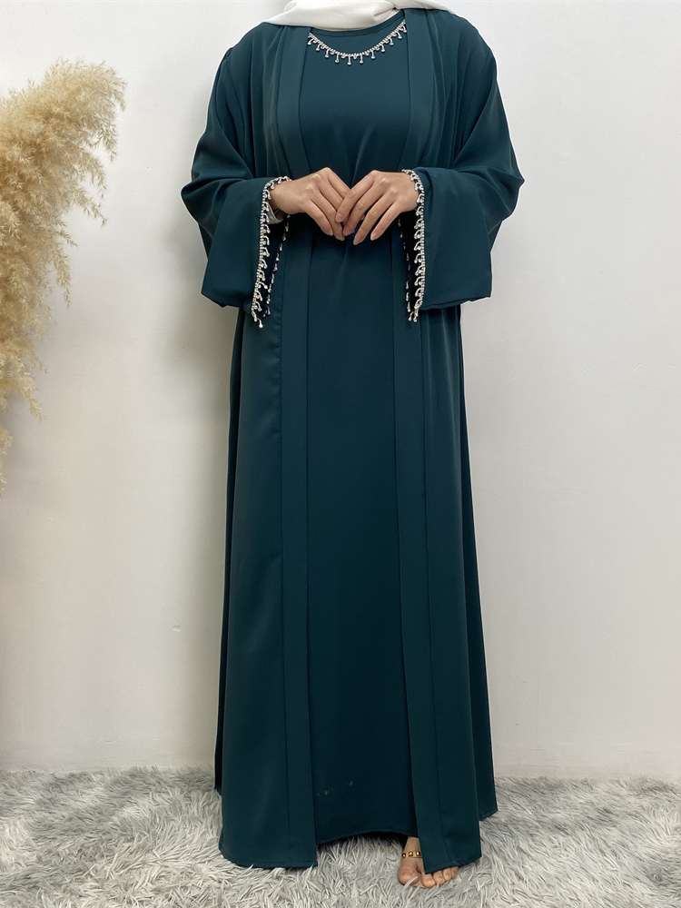 Eid Abaya musulmana conjunto de 2 piezas para mujer con vestido interior cárdigan tipo kimono con diamantes Ramadán Abayas Kaftan Dubai vestido largo Vestidos Largo
