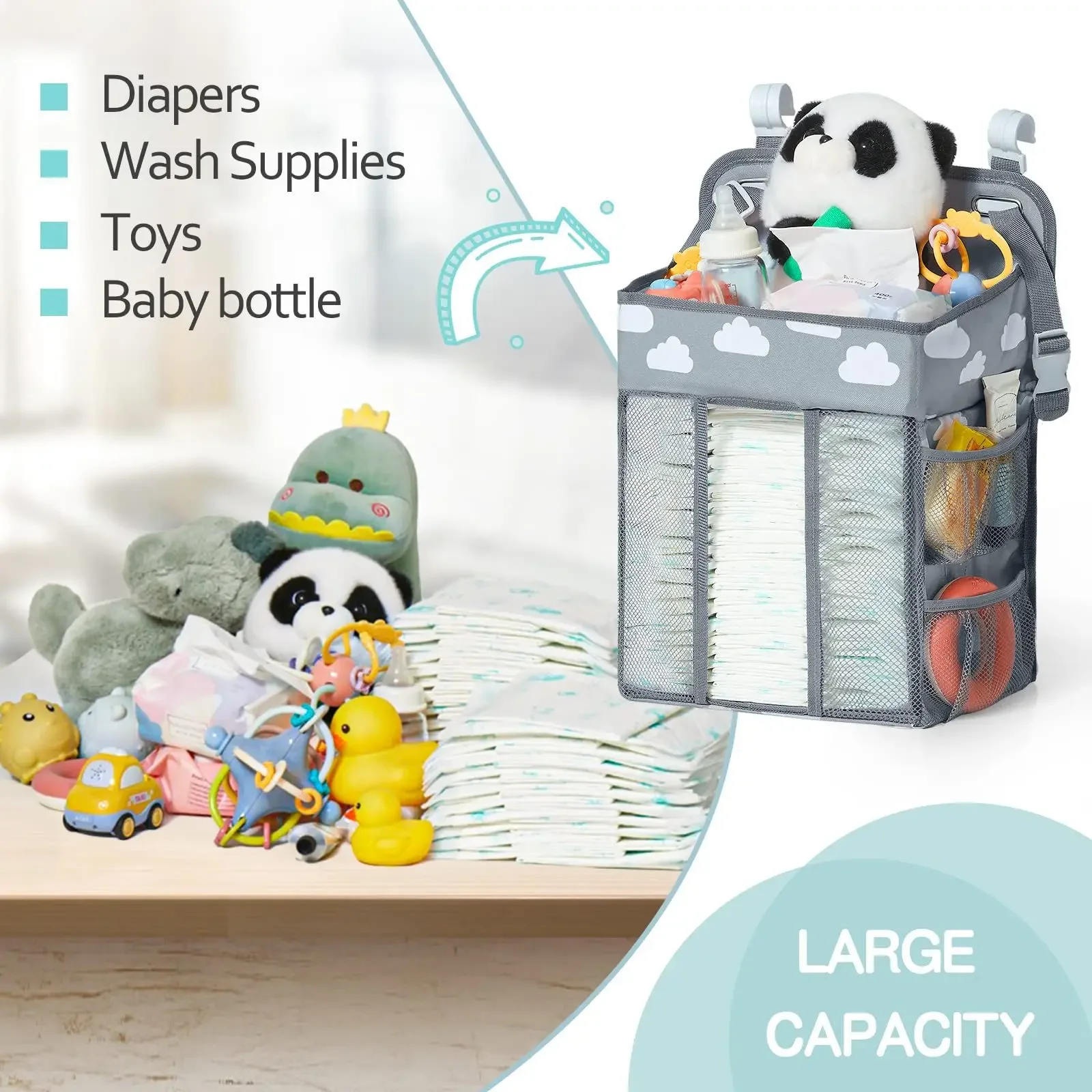 Bolsa de almacenamiento colgante para cuna de bebé, organizador de pañales, bolsa organizadora para cuna, artículos esenciales para pañales, juego de cama para cuna para bebés y niños