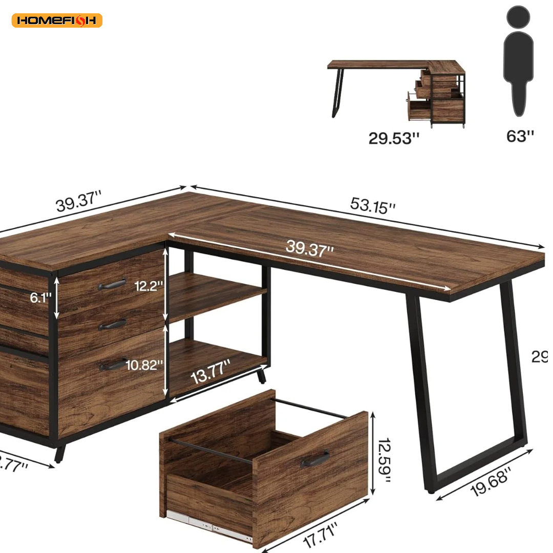 L Shaped Office Desk, Reversible Corner Computer Desk with 3 File Drawers and 2 Storage Shelves for Home Office, Study