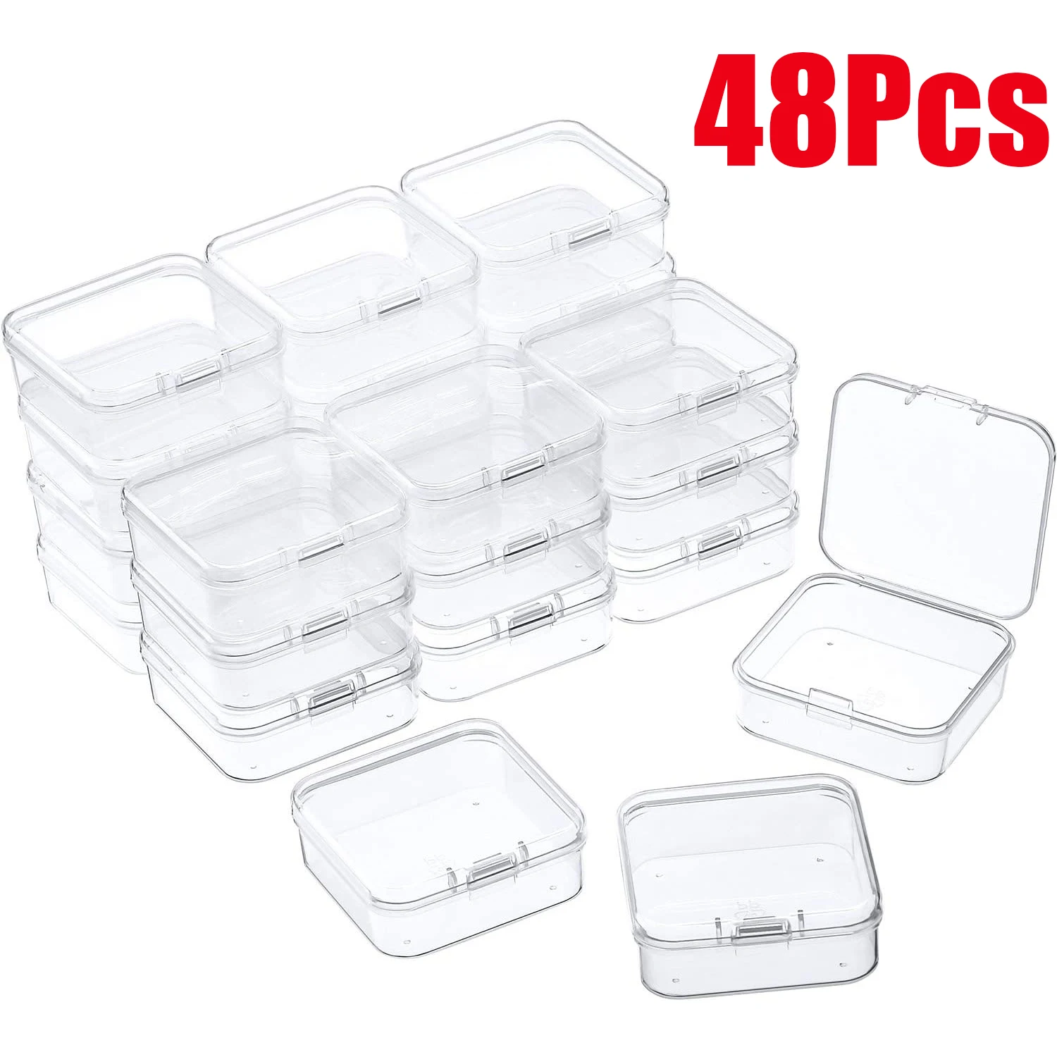 48 Uds 4,3*4,3*2cm Mini caja de almacenamiento de plástico transparente contenedores con tapas cajas vacías con bisagras para cuentas DIY artesanía fabricación de joyas