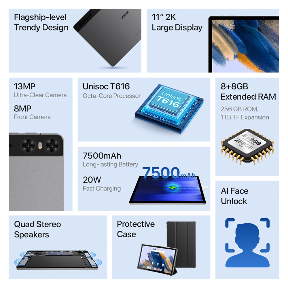 Umidigi a15 tab android 13 smart tablet unisoc t616 8 8gb ram 256gb rom 11 "2k hd display 7500mah mega batterie 13mp kamera