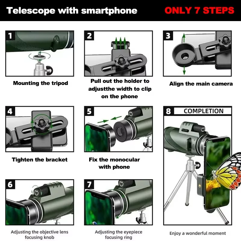 Telescopio monoculare 80x100 con treppiede e clip per telefono con confezione regalo colorata per escursioni in campeggio all'aperto