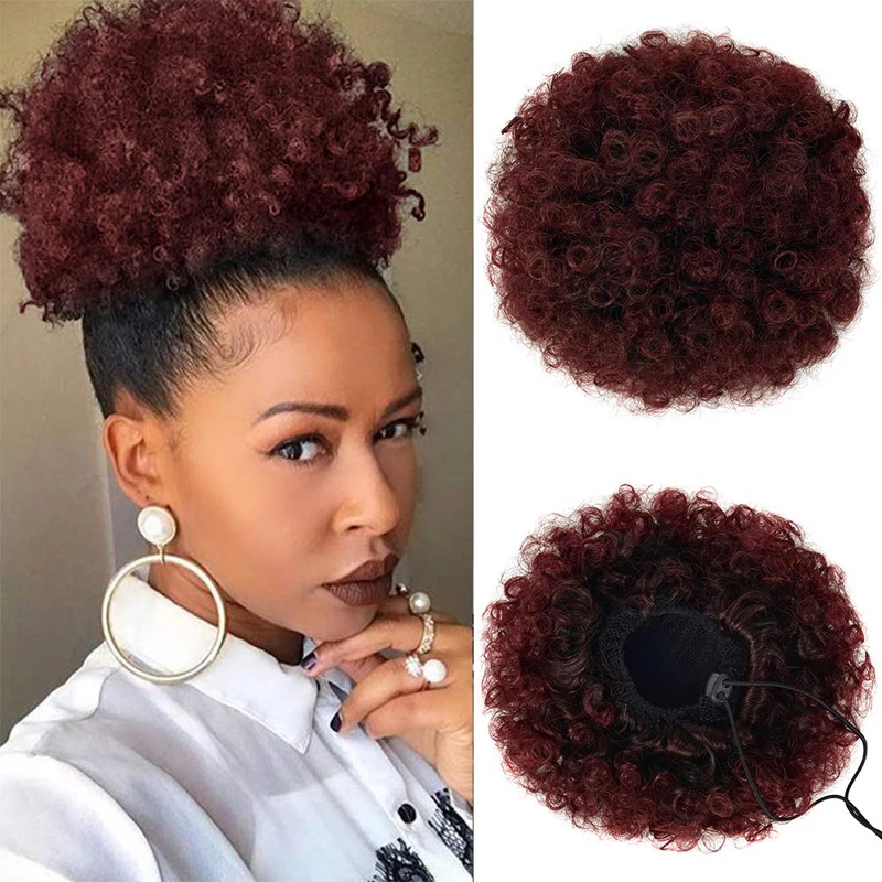 Afro Puff cordón cola de caballo cabello humano brasileño rizado cordón cola de caballo Afro Puff moño moño Accesorios