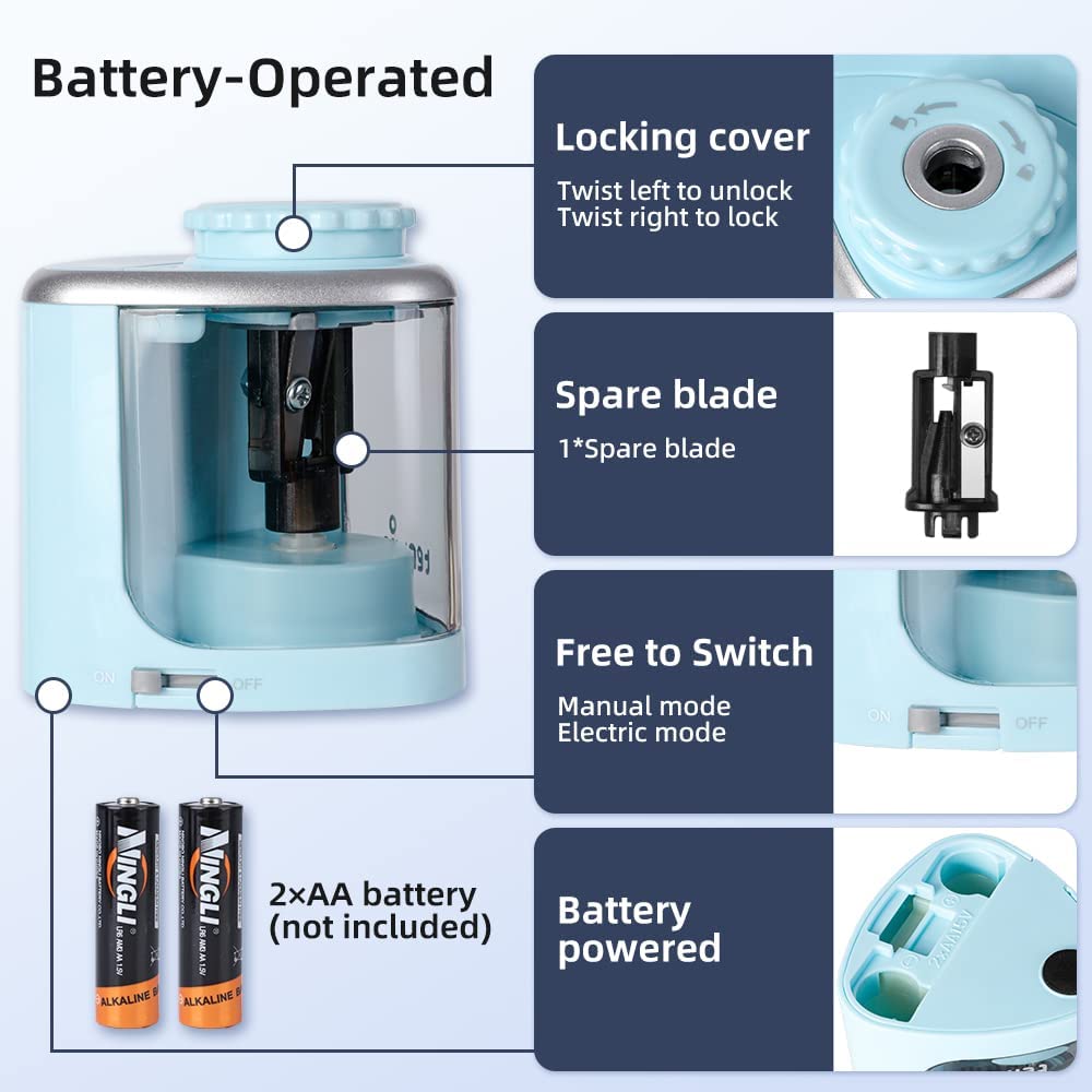 Tenwin Electric Auto Pencil Sharpener Safe Student Helical Steel Blade Sharpener for Artists Kids Adults Colored Pencils