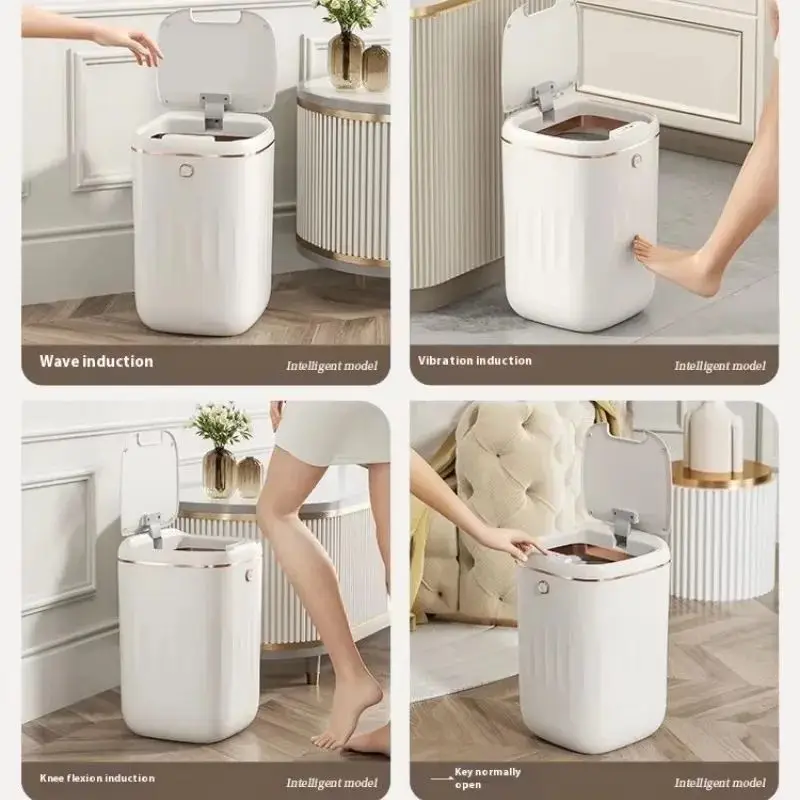 สมาร์ทห้องน้ําถังขยะอัตโนมัติบรรจุถุงขยะอิเล็กทรอนิกส์สีขาว Touchless แคบ Smart Sensor ถังขยะสมาร์ทบ้าน 15L