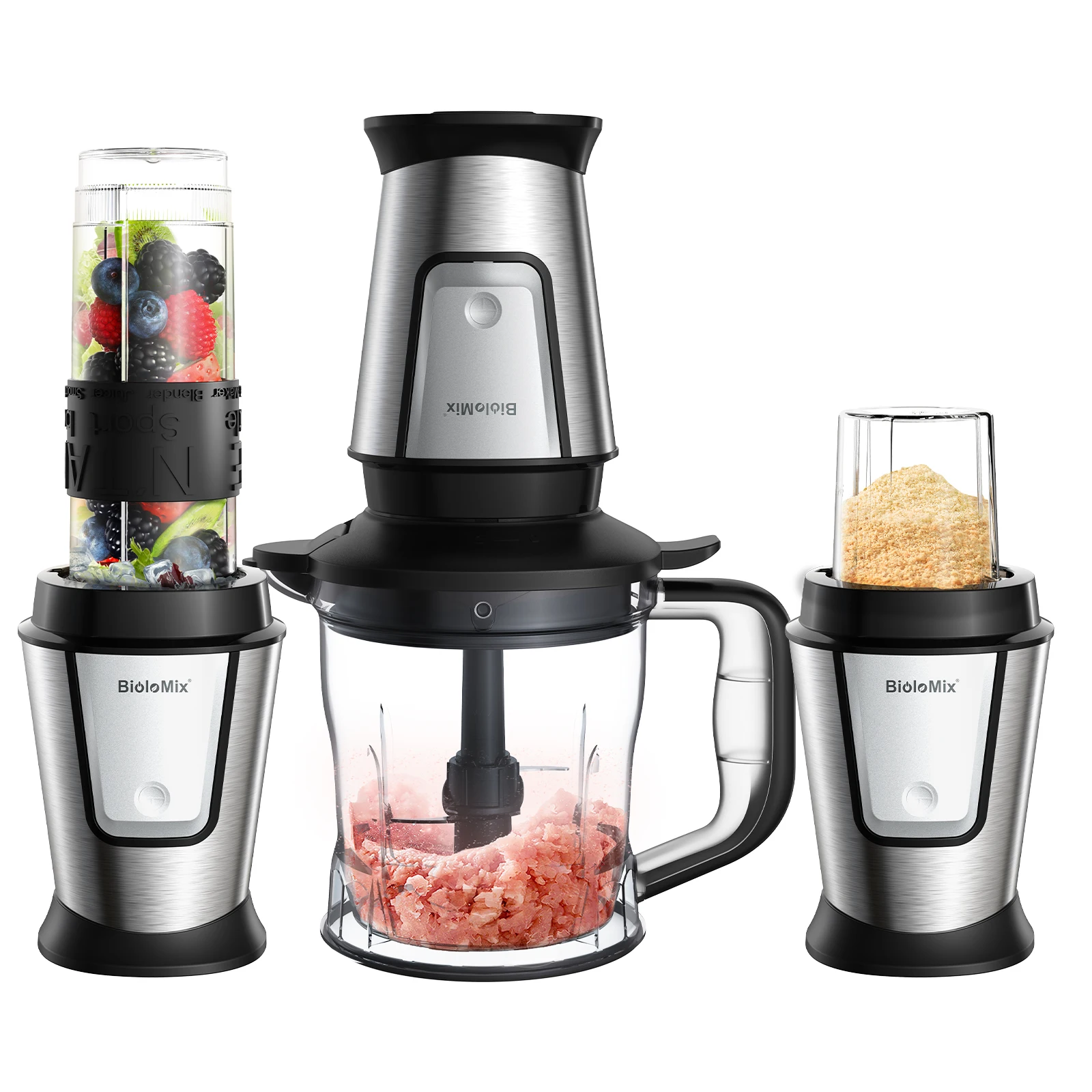 BioloMix 700W 3 en 1 procesador de alimentos portátil multifuncional exprimidor licuadora batidora picadora de alimentos molinillo seco para Cocina
