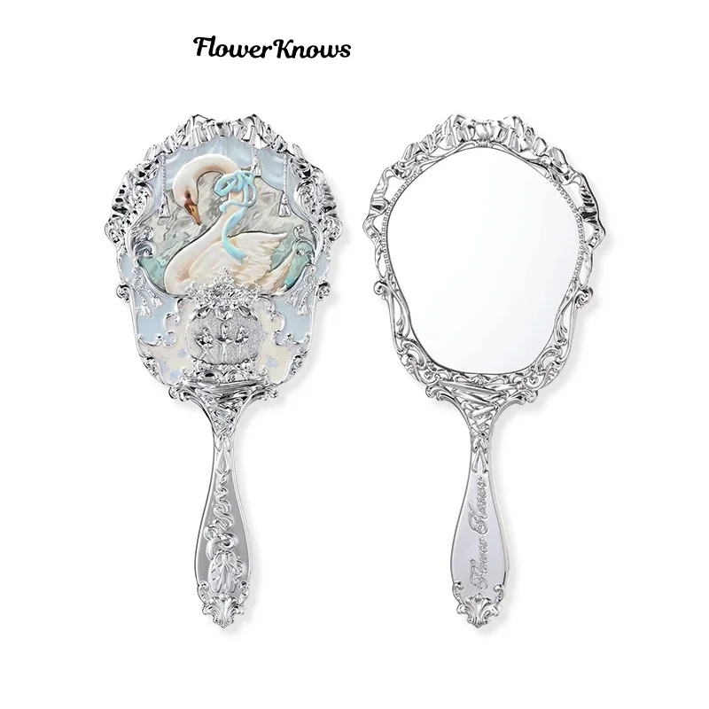 Flower Knows Swan Ballet Series Espejo de mano 3 tipos Exquisitos herramientas de maquillaje en relieve Rosa Azul Blanco