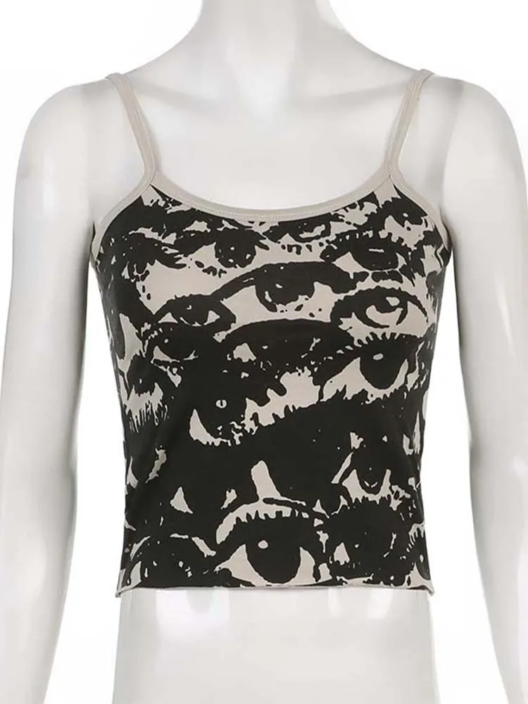 Camiseta gótica com estampa de retrato, estética y2k, tops curtos, colete de manga curta, harajuku, streetwear, suspensórios brancos, roupas femininas