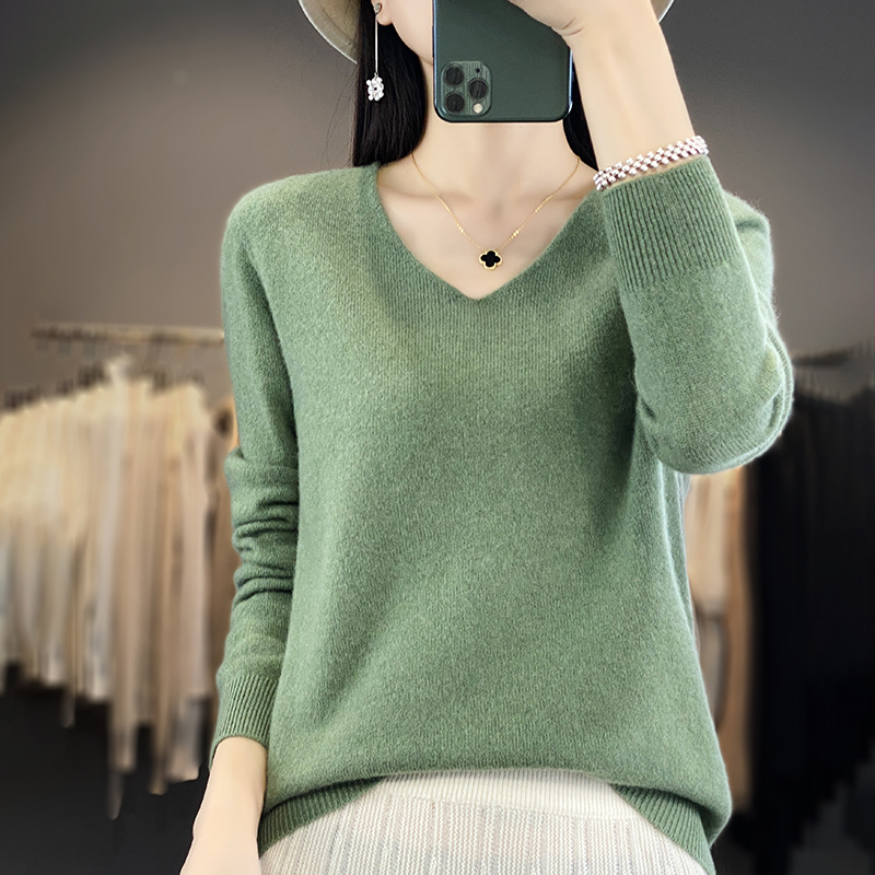 Suéter de lana merina de 100% para mujer, jersey básico con cuello en V, ropa de Cachemira para otoño e invierno, prendas de punto suaves de manga larga, Tops de Color sólido