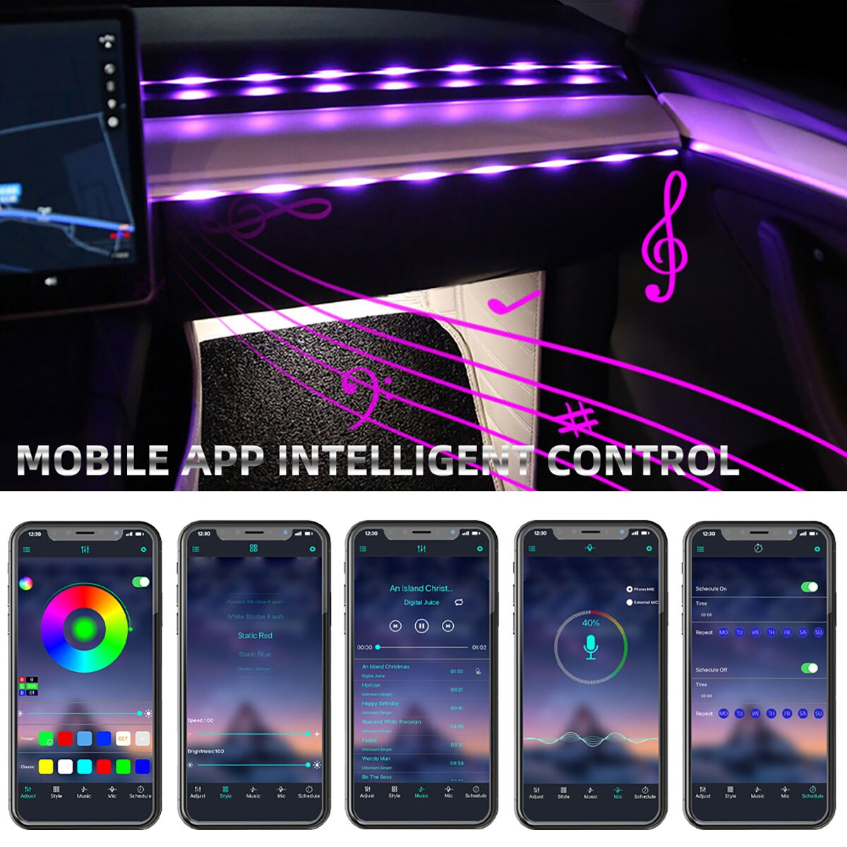 รถ LED Ambient Light USB 64 สีแถบอะคริลิค 110 ซม.สี RGB ภายในรถซ่อน App รีโมทคอนโทรลบรรยากาศโคมไฟ