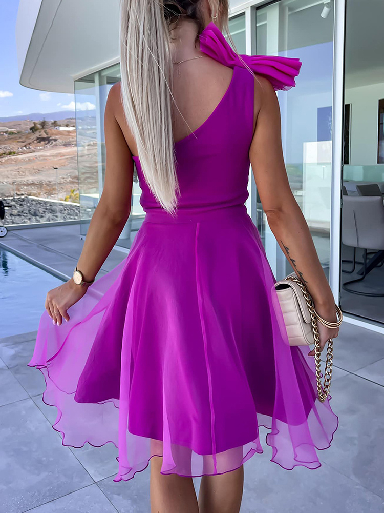 Sexy Vrouwen Een Schouder Mouwloze Mini Jurk Elegante Backless Rits Effen Feestjurk Zomer Dames Mesh Patchwork Zoete Jurk