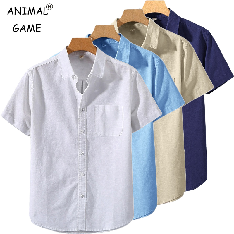 Camisas de manga corta de verano para hombre, camisetas de gran tamaño con cuello levantado de Color sólido, camisas básicas de algodón holgadas transpirables para jóvenes con bolsillo para hombre