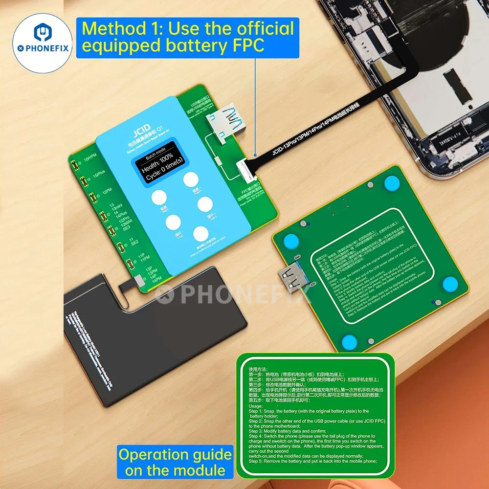 Calibrador de batería JCID Q1, placa de reparación rápida de salud para iPhone 11, 12, 13, 14, 15PM, ciclo de datos de salud, modificación sin batería FPC