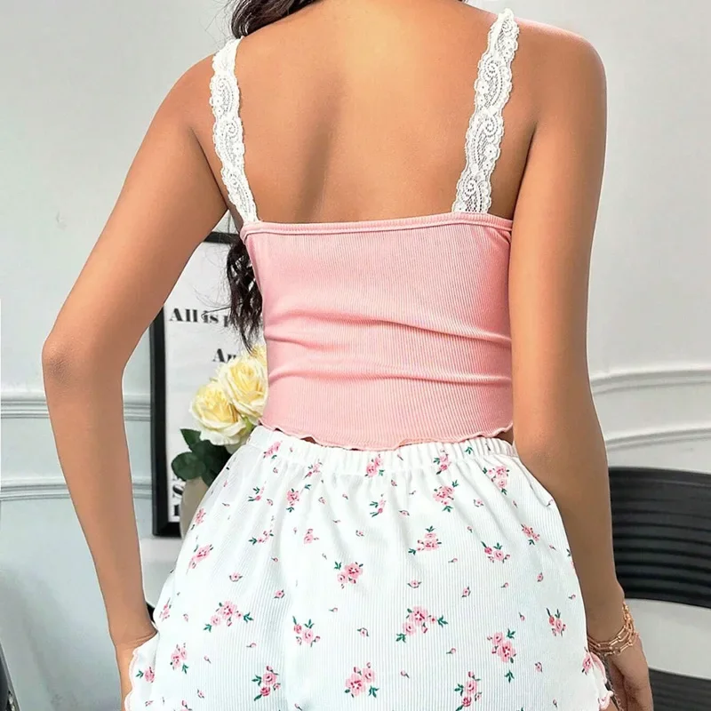 Feminino 2psc conjunto de pijama rosa renda retalhos com decote em v pijamas sexy camisola terno cami topo impresso shorts pijamas macios loungewear