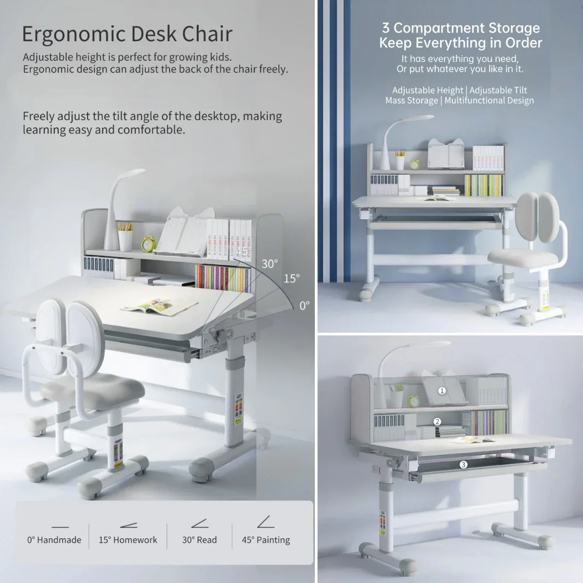 Kids Desk and Chair Set Height Adjustable, Children Study Table with Tilt Desktop, School Functional Writing Desk with Drawers