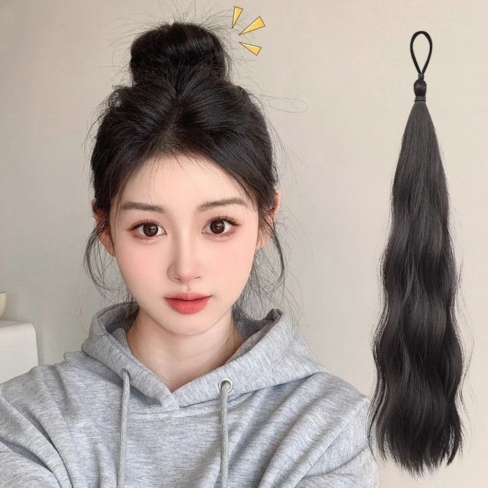 50 cm synthetisches, selbstaufziehendes Haarbündel mit elastischer Schlaufe, DIY-Haarknoten, Pferdeschwanz zur Erhöhung des Haares, flauschige natürliche Kugelkopf-Perücke