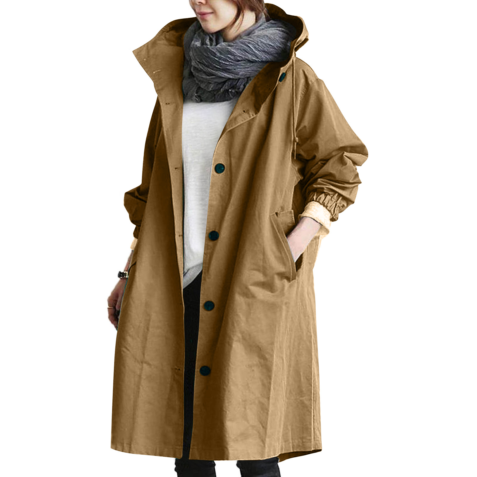 Frühling Und Herbst Casual Koreanische Mode Mit Kapuze Mid-Länge Mantel Lose Winddicht Jacke frauen Windjacke Einfarbig Tasche