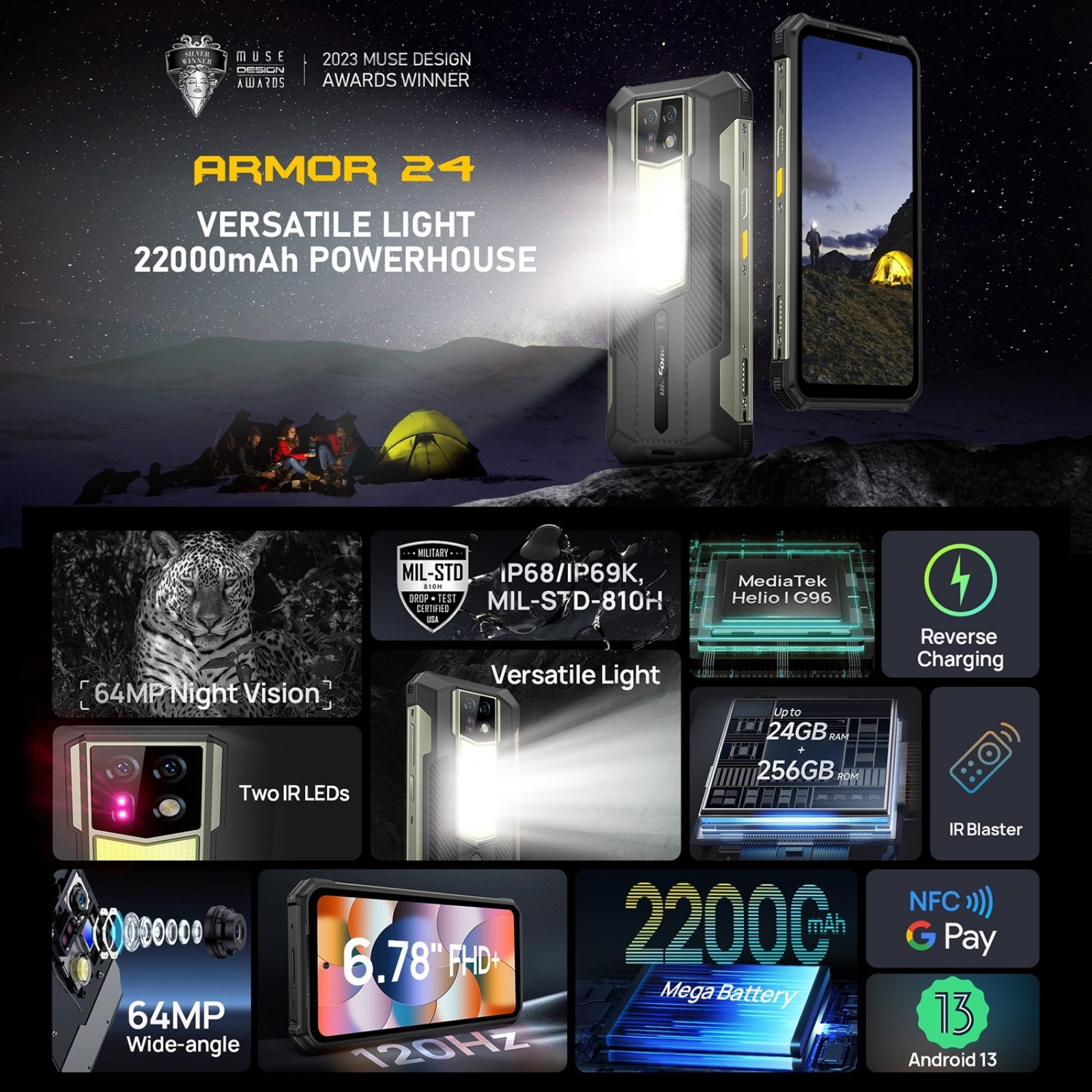 Ulefone Armor 24 Rugged Phone 24GB+256GB 22000mAh 64MP+64MP 6.78 Inch MediaTek Helio G96 Android 13 Global NFC Cellphone