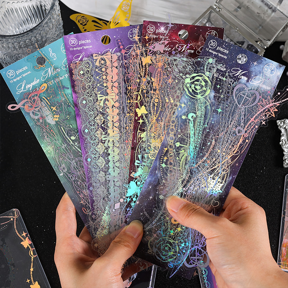 30 Sheets Korean Style Deco Sticker Pack -  Cute & Stylish Holographic Foil Stamping Sticker for Kpop Toploader, Journals & More