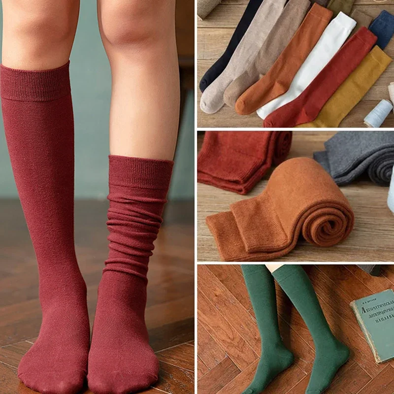 Calcetines largos Harajuku para mujer, medias de algodón orgánico sólido cálido hasta el muslo, moda urbana para chicas jóvenes, calcetines hasta la rodilla informales