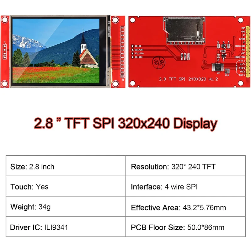2.8" ILI9341 SPI TFT LCD Display Touch Panel 320x240 TFT LCD Touchscreen Shield 5V/3.3V Compatible with Arduino IDE