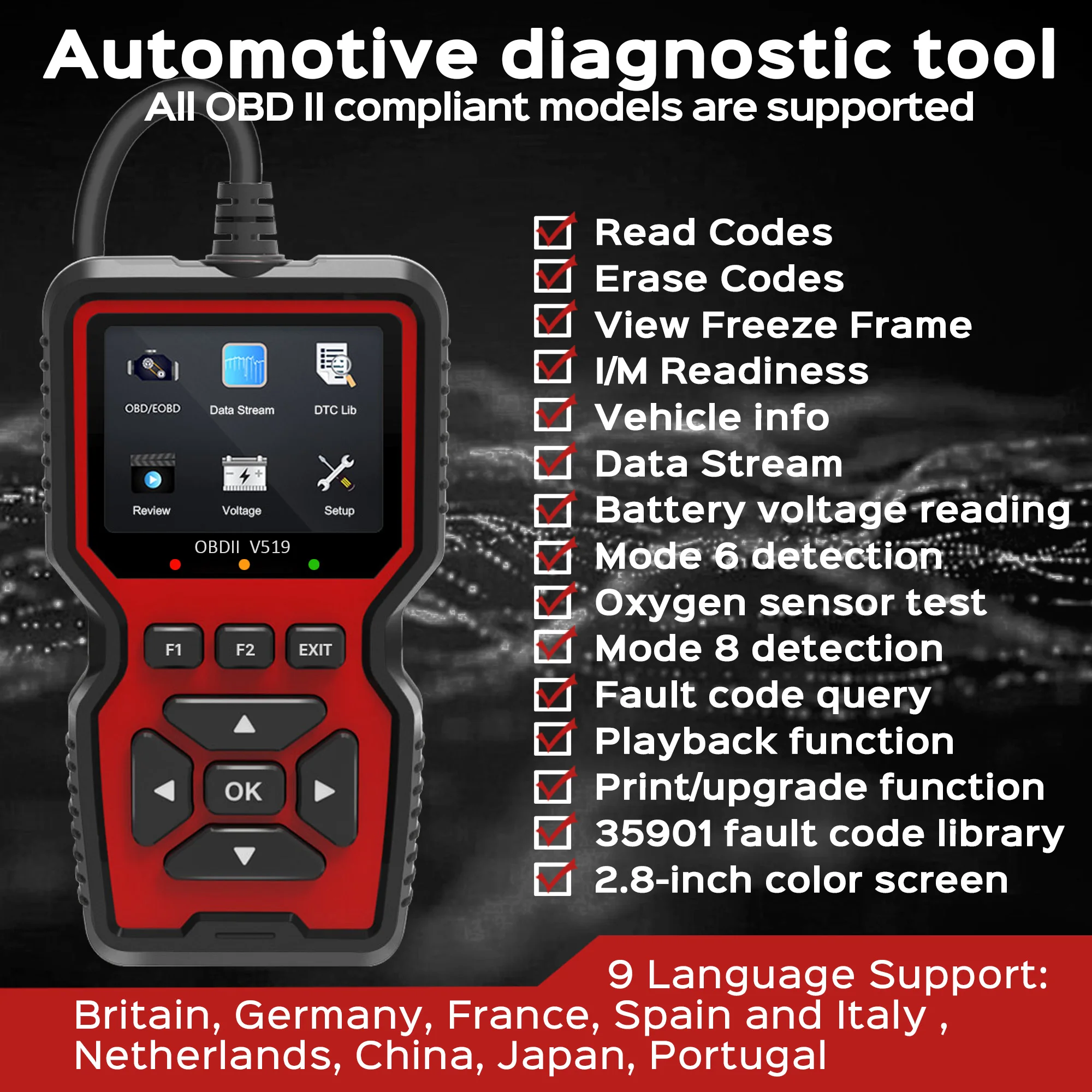 OBD2-Scanner, Live-Daten, professionelles Mechaniker-OBDII-Diagnosecode-Lesegerät für Check-Engine-Licht