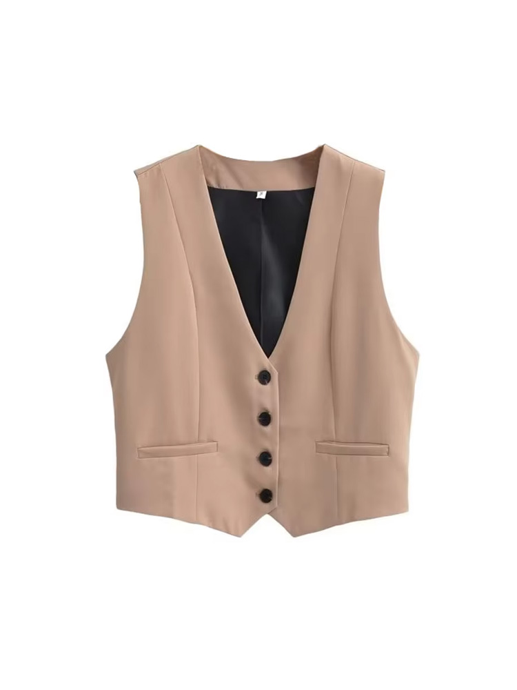 TRZA-Chaleco recortado con botones delanteros para mujer, ropa de abrigo Vintage sin mangas con cuello de pico, Tops elegantes