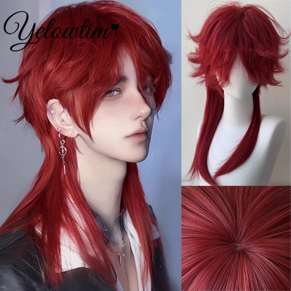 YELOWTIM Peruca vermelha masculina de cabelo longo cauda de lobo cos unissex conjunto de cabeça completa anime meninos tainha cabeça de peixe conjunto de peruca de cauda