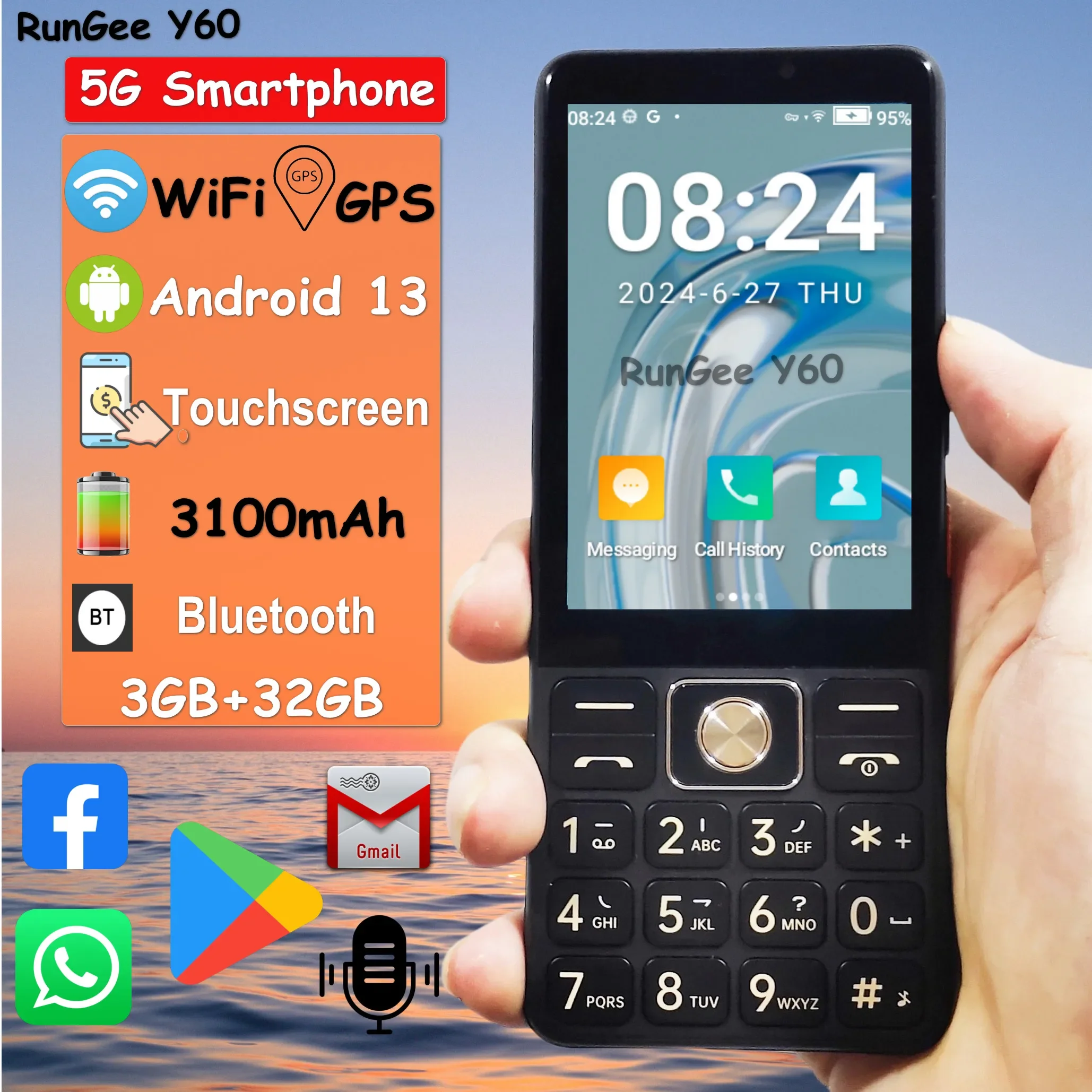 Смартфон Rungee Y60/M8 Zello 5G Google Play с сенсорным экраном Android 13 GPS WiFi 3 ГБ ОЗУ 32 ГБ ПЗУ 3000 мАч Аккумулятор PTT Телефон