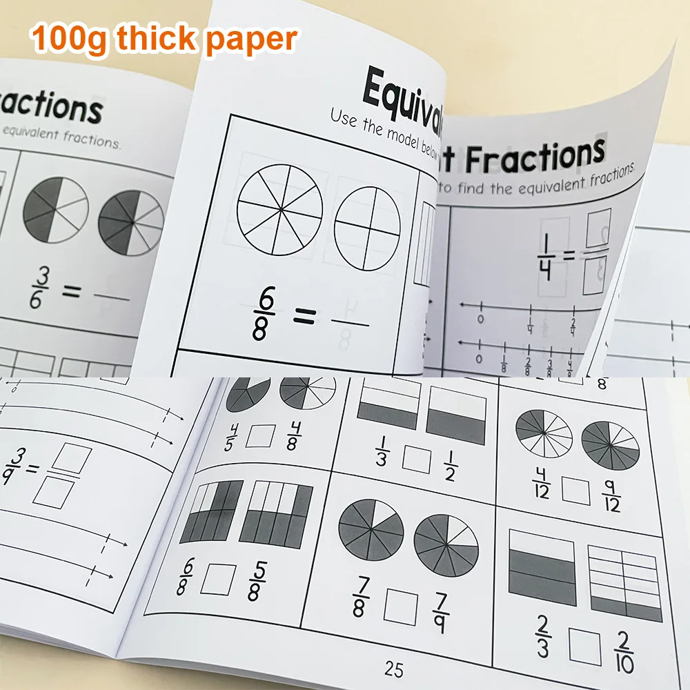 Libro de ejercicios de formación para aprender y practicar fracciones básicas, material didáctico para profesores, libro de prueba cognitiva de matemáticas para escuela primaria