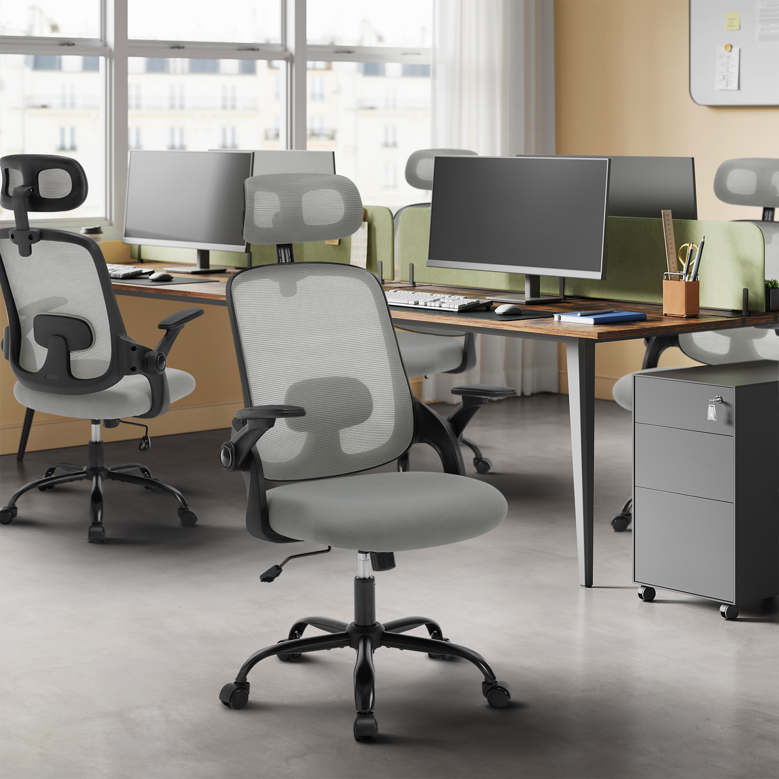 Ergonomischer Büro-Computer-PC-Schreibtischstuhl, drehbarer Netzstuhl mit Rollen, verstellbare Kopfstütze, Lordosenstütze, Heimarbeitsstuhl