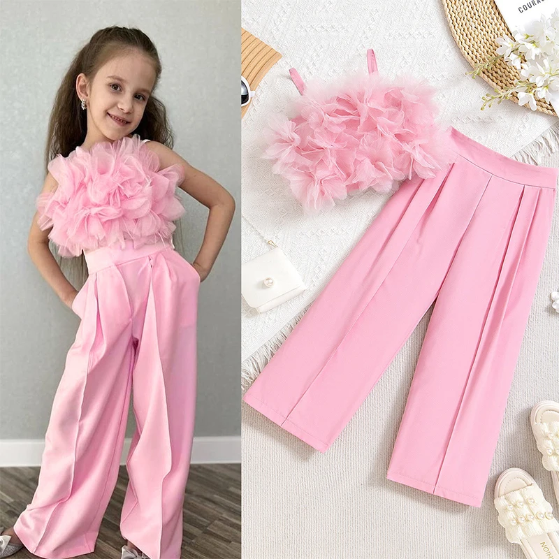 Summer Girls Clothes Set Princess Floral Tops+Wide Leg Pants Fashion Children Clothes Two Piece Sets