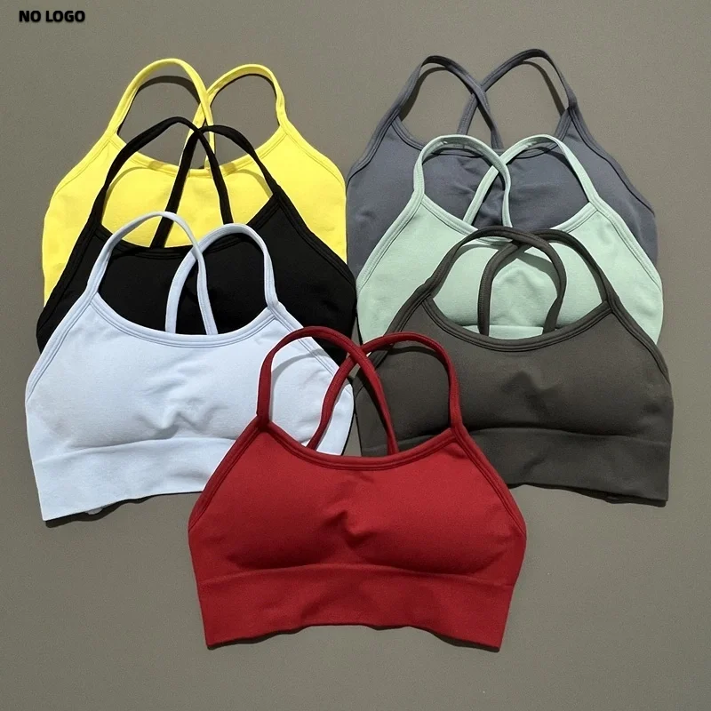 Sujetador deportivo sin espalda para mujer, sin logotipo, sujetador de Yoga sin costuras, Top de entrenamiento acolchado recortado de alto soporte, ropa deportiva para gimnasio, sujetadores para correr