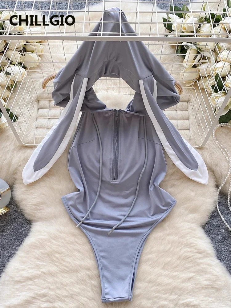 CHILLGIO Frauen Sexy Erotische Bunny Bodys Fashion Solid One Piece Kombination Onesie Nachtwäsche Strumpfhosen Rückenfreie Zipper Catsuits