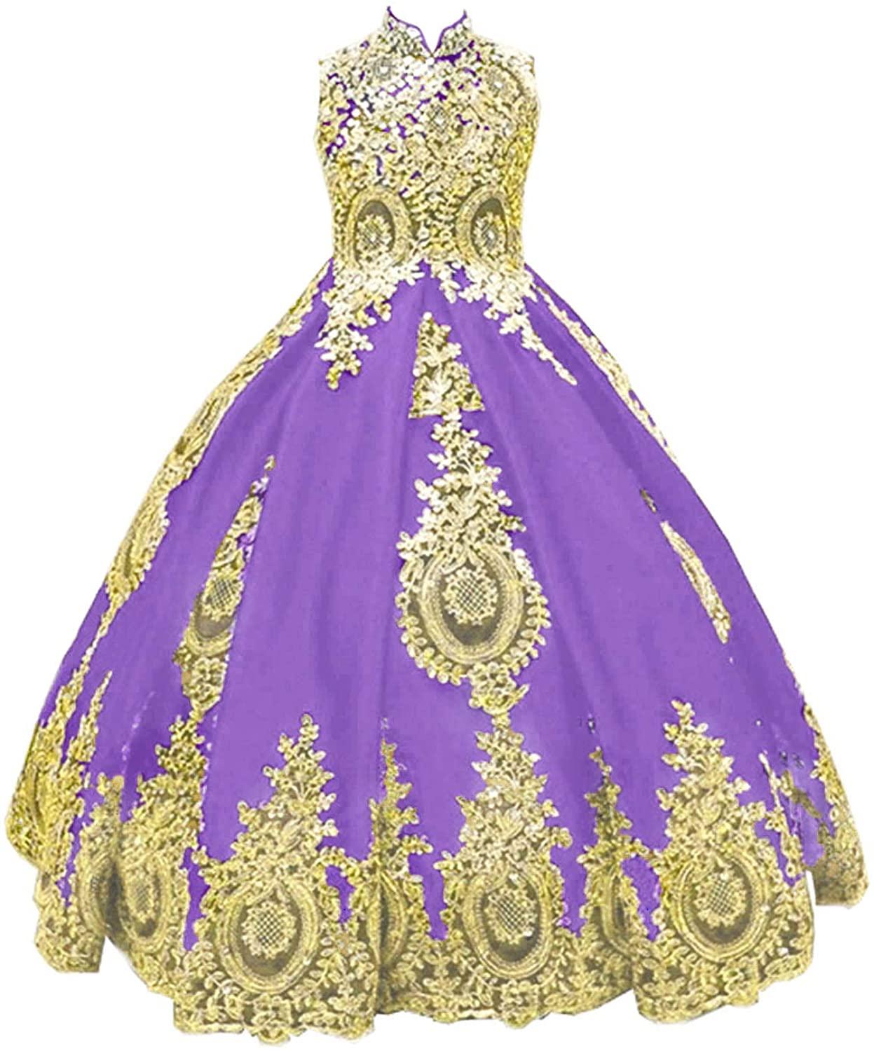 黄金のビーズの花の形をしたウェディングドレス,長く,pageant,ノースリーブ,レースアップリケ,聖体拝領,子供服