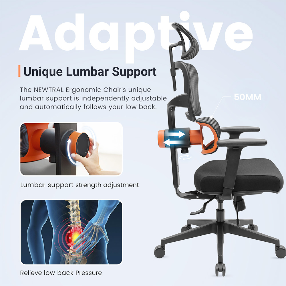 NEWTRAL Chair Standard NT001 Adaptive Unterrückenstütze Ergonomischer Stuhl, verstellbare Armlehnen-Kopfstütze, Nylonbasis Hohe Qualität