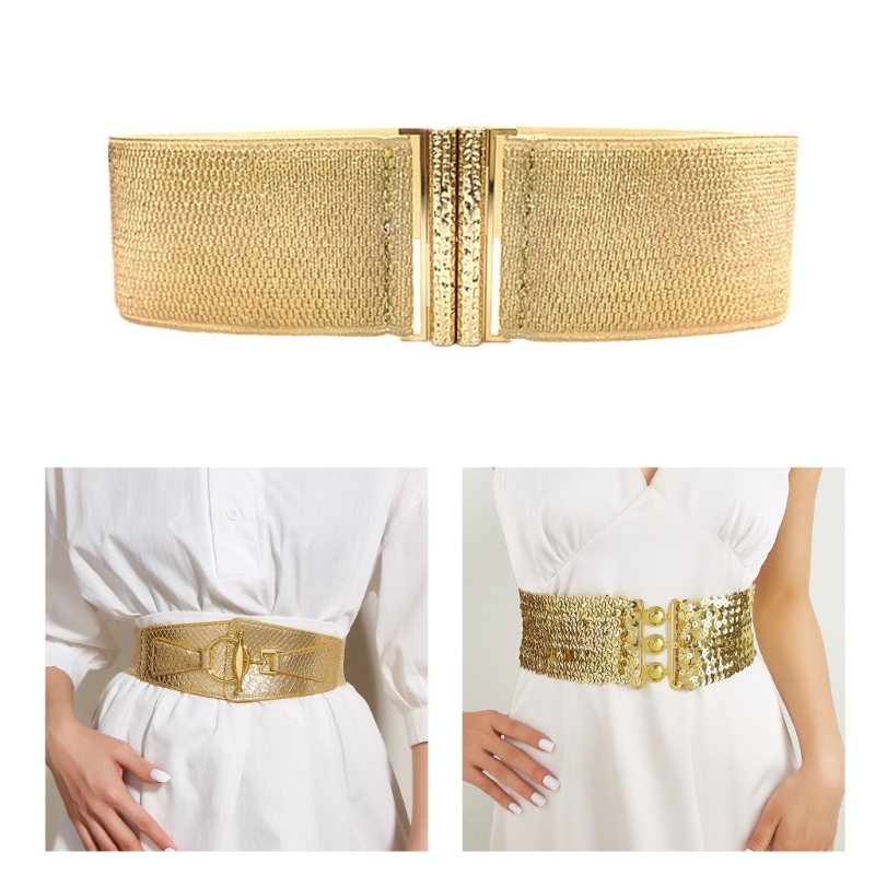 Cinturón ancho para mujer, cinturón Waspie elástico dorado a accesorios decorativos universales para vestido Waspie,