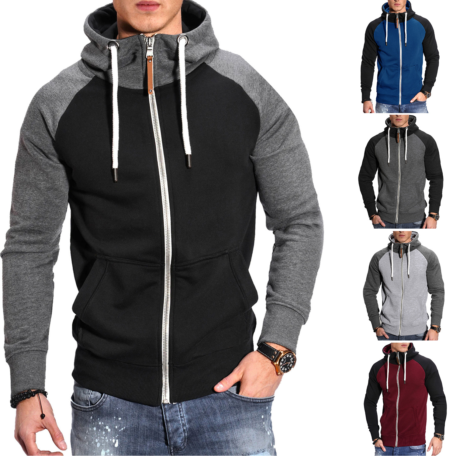 Herren Hoodies Langarm Sweatshirts für Männer Reißverschluss Kapuzenpullover Stehkragen Herren Sweatshirt Top Jacke Mantel Schwarzer Pullover