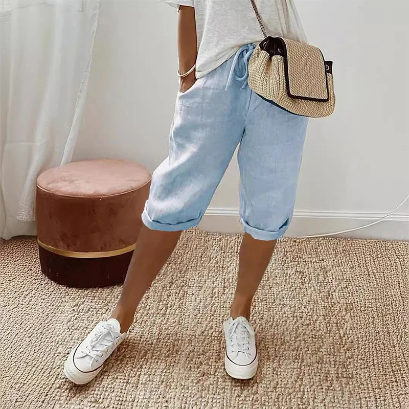 Einfarbig Elastische Hohe Taille Frauen Shorts Plus Größe Spitze Up Breite Bein Hose Mit Tasche Vintage Streetwear Dame oversize Hosen