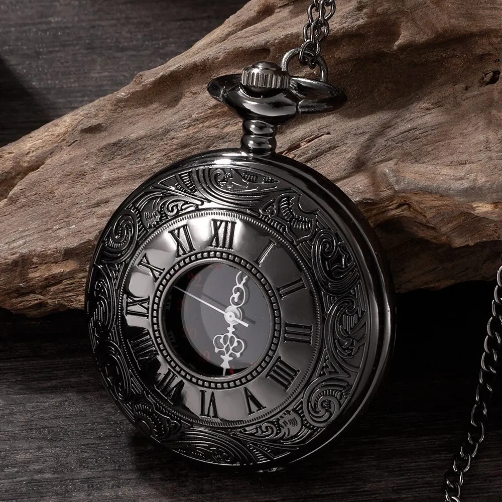 Relógio de bolso Steampunk com corrente para homens e mulheres, colar com pingente, charme vintage, preto, número romano, quartzo, moda unissex, presente