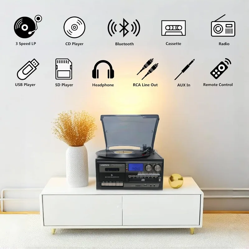 Vinyl Record Player 10 in 1 3 Speed Bluetooth Vintage Turntable CD Cassette Player AM
